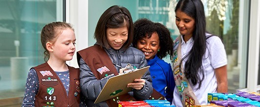 For Cookie Sellers Girl Scouts holding cookie boxes