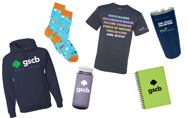 Girl Scouts of the chesapeake bay apparel with tshirt, hoodie, journal, tumbler, water bottle, and socks